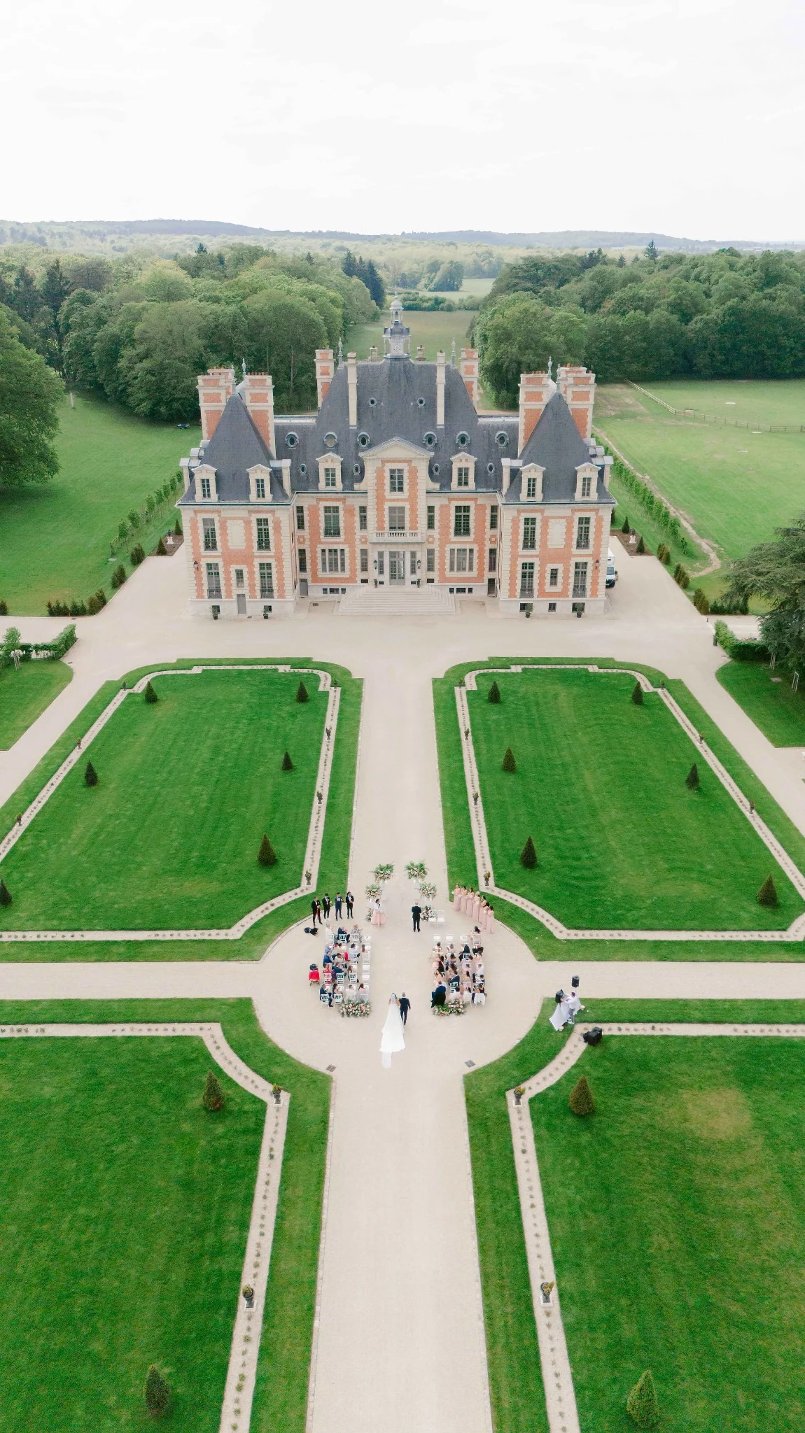 Aerial view of the château and formal gardens