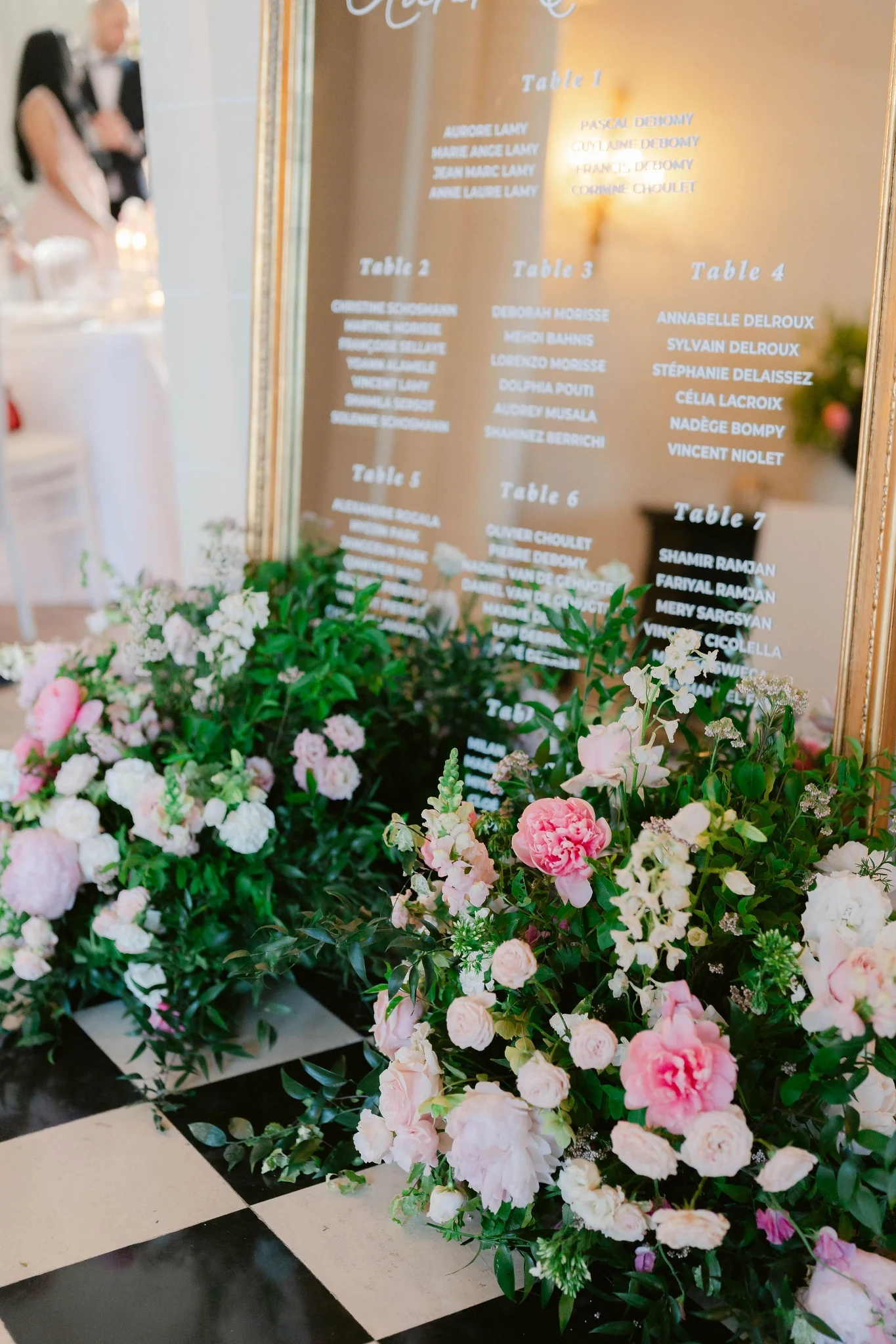 Elegant wedding seating chart decorated with pink flowers