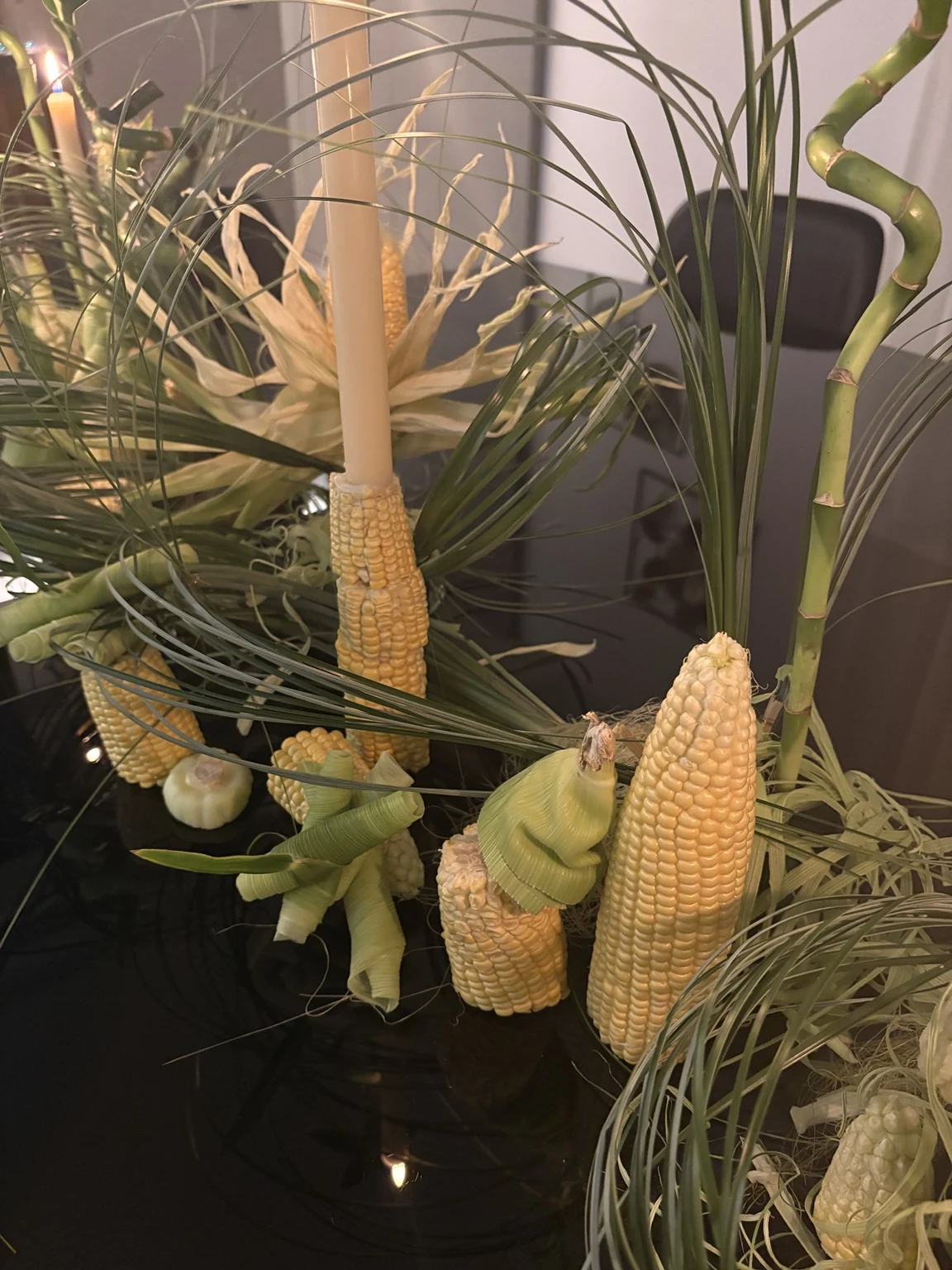 Corn and foliage table centerpiece detail