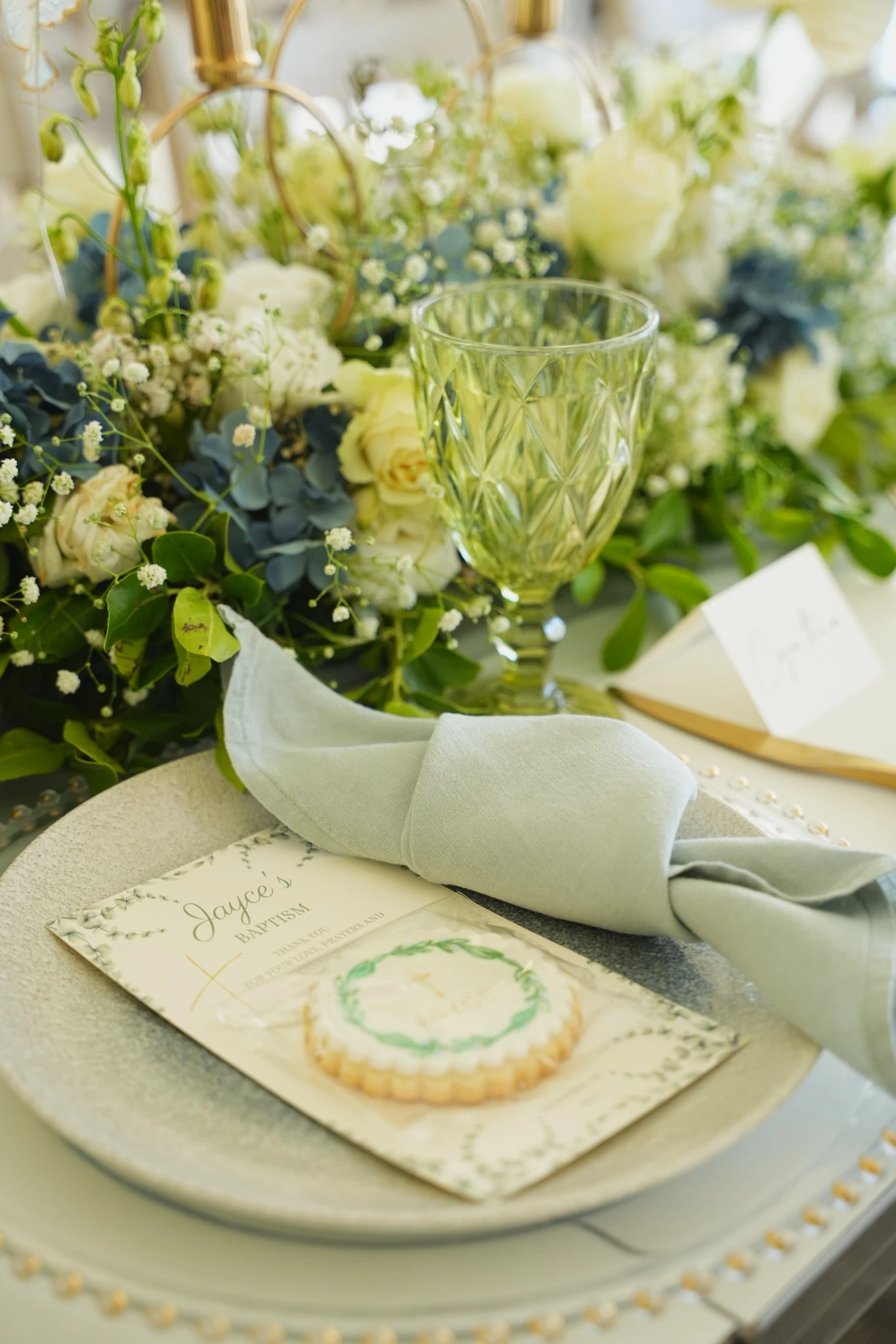 Personalized Jayce’s Baptism place setting and green glassware